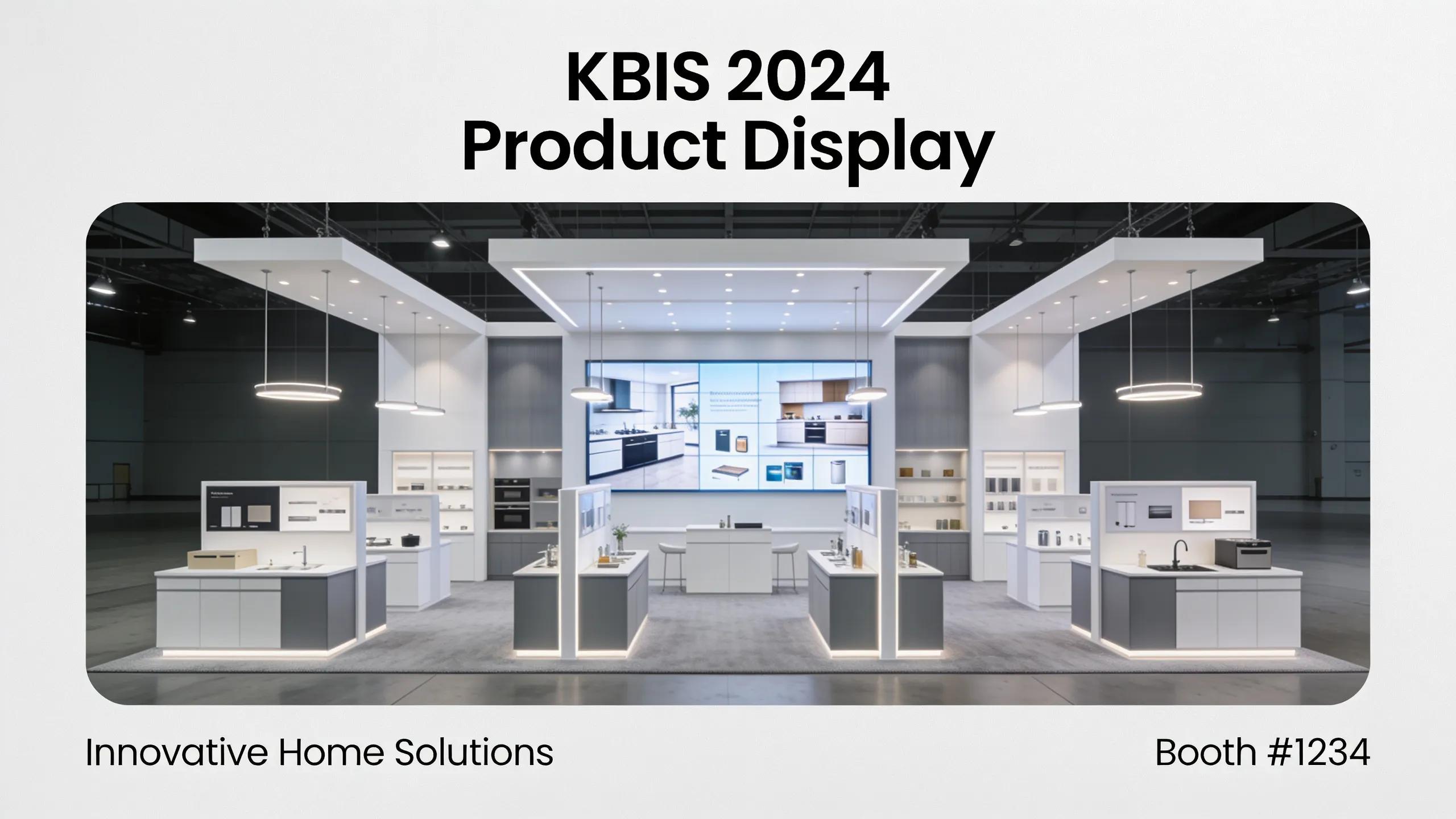 20x20 island booth with product displays and a reception counter
