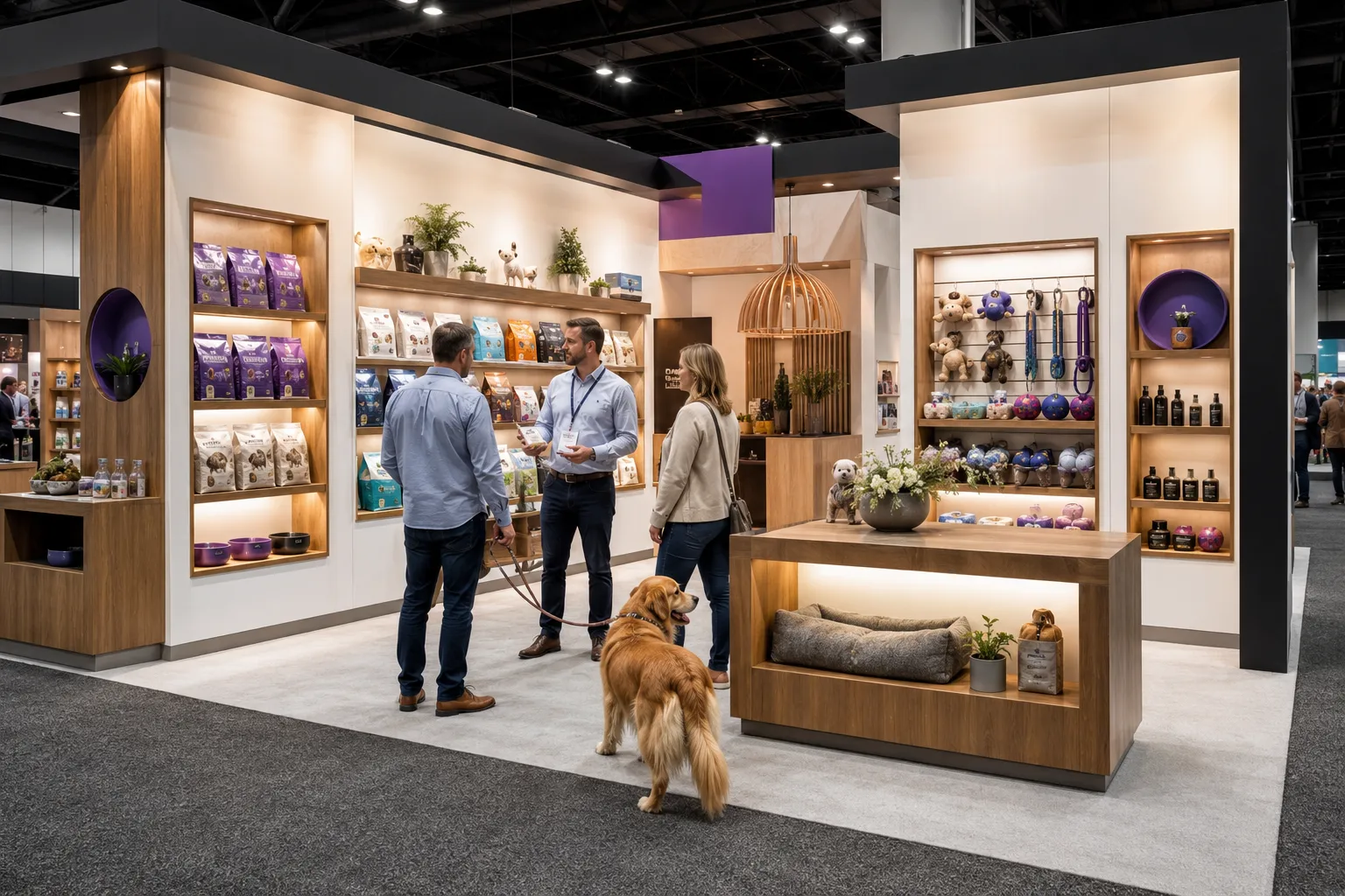 Custom Global Pet Expo booth with illuminated pet product displays integrated into the exhibit architecture.