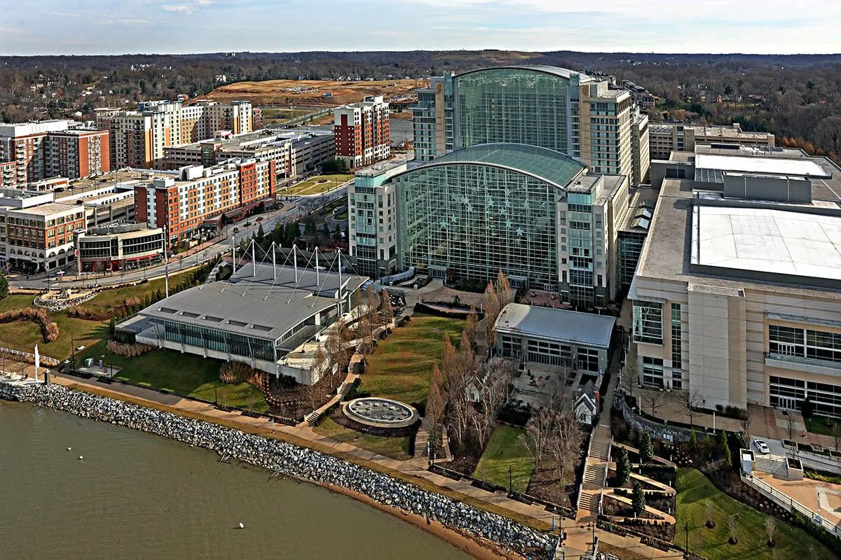 Aerial view of Gaylord National Resort and Convention Center at National Harbor, Maryland, near Washington, D.C.