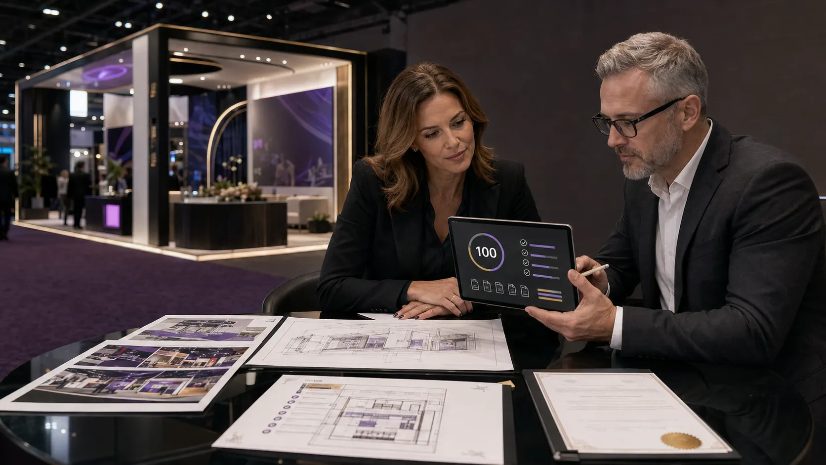 Trade show professionals using a 100-point scorecard to evaluate a Las Vegas exhibit builder