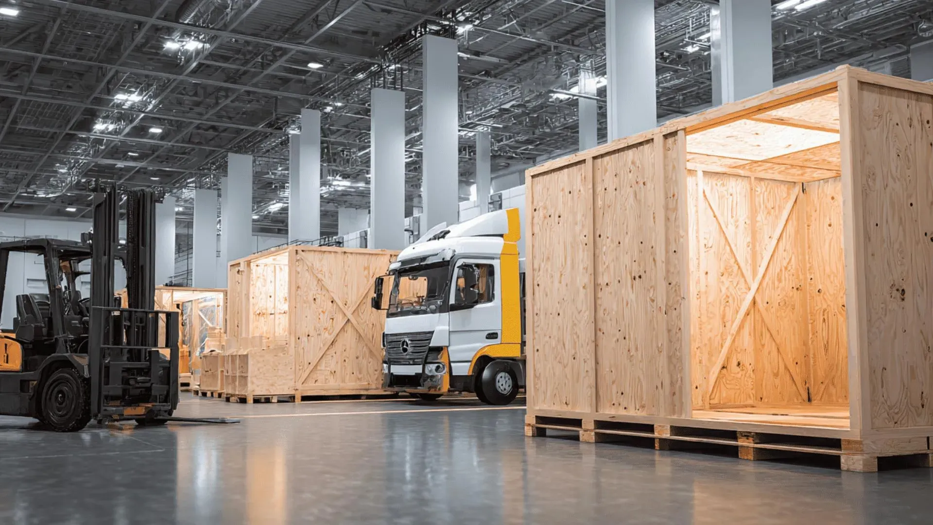 Labeled exhibit crates prepared for trade show shipping and material handling