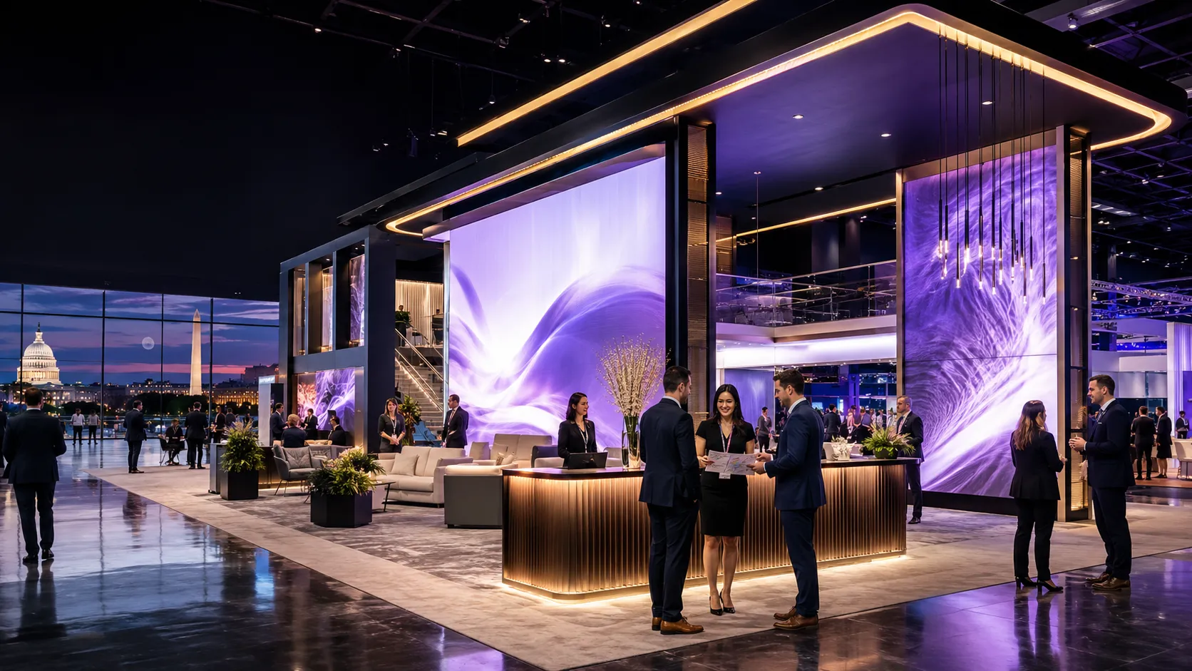 Luxury SATShow exhibit booth in Washington, D.C., featuring large LED displays, premium lighting and business meeting areas.
