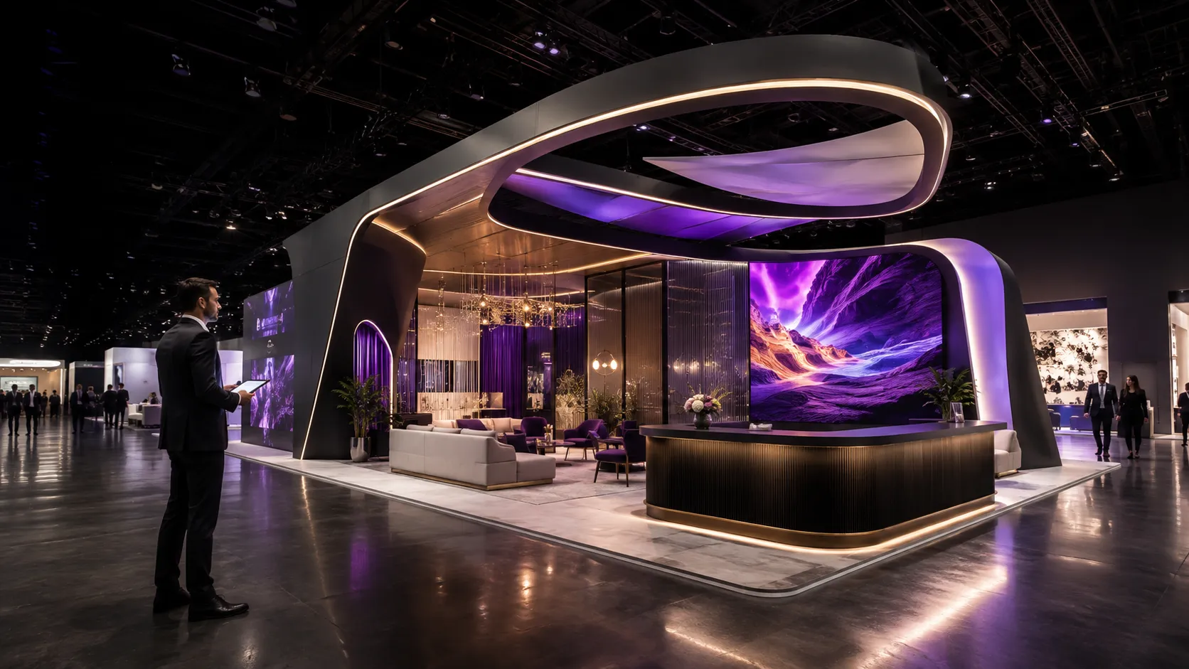 Luxury custom trade show booth with curved architecture and a large LED display in Las Vegas