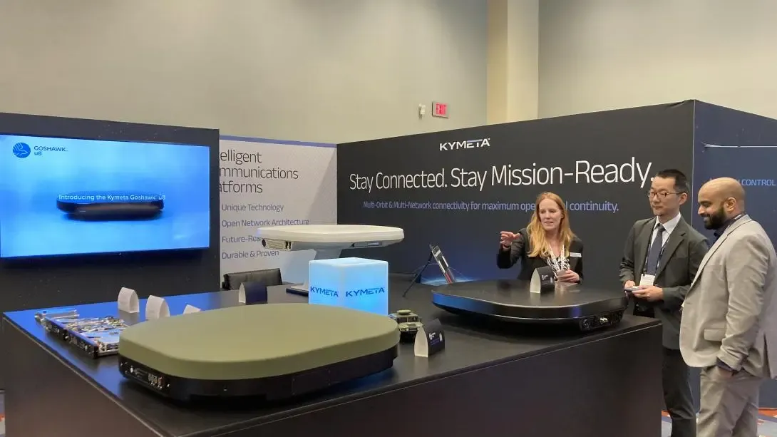 Kymeta satellite equipment mounted on a product demonstration station at SATShow in Washington DC