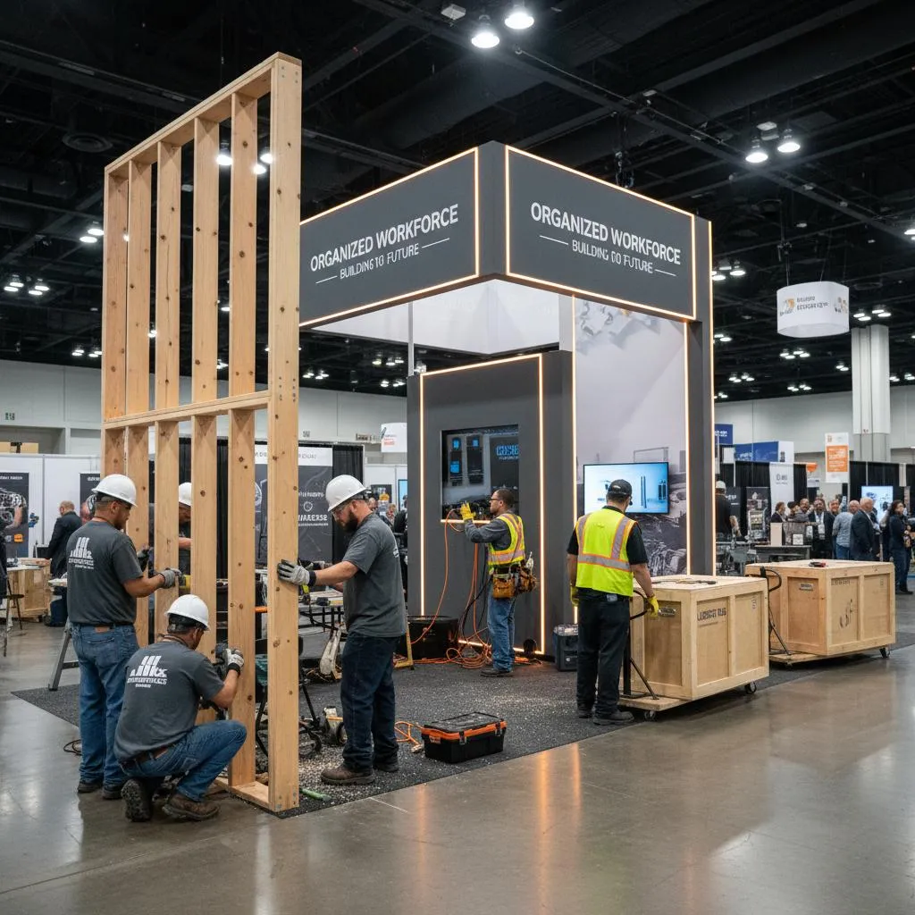 Purple Exhibits installation crew preparing a trade show booth