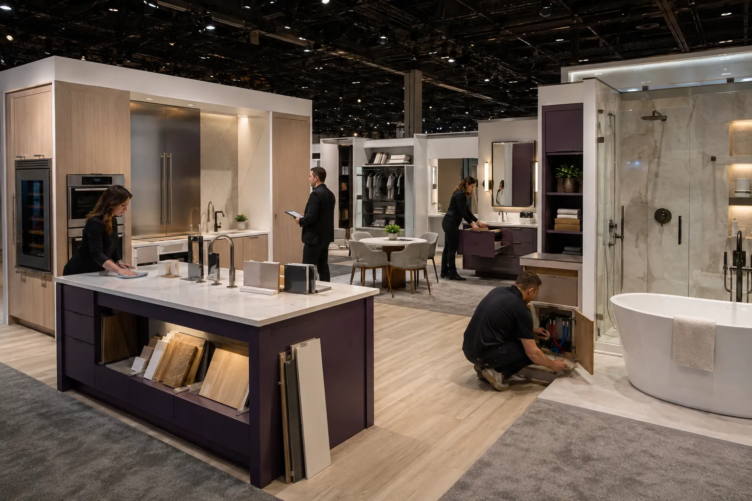 KBIS booth team testing product integration, utilities, and daily readiness before opening