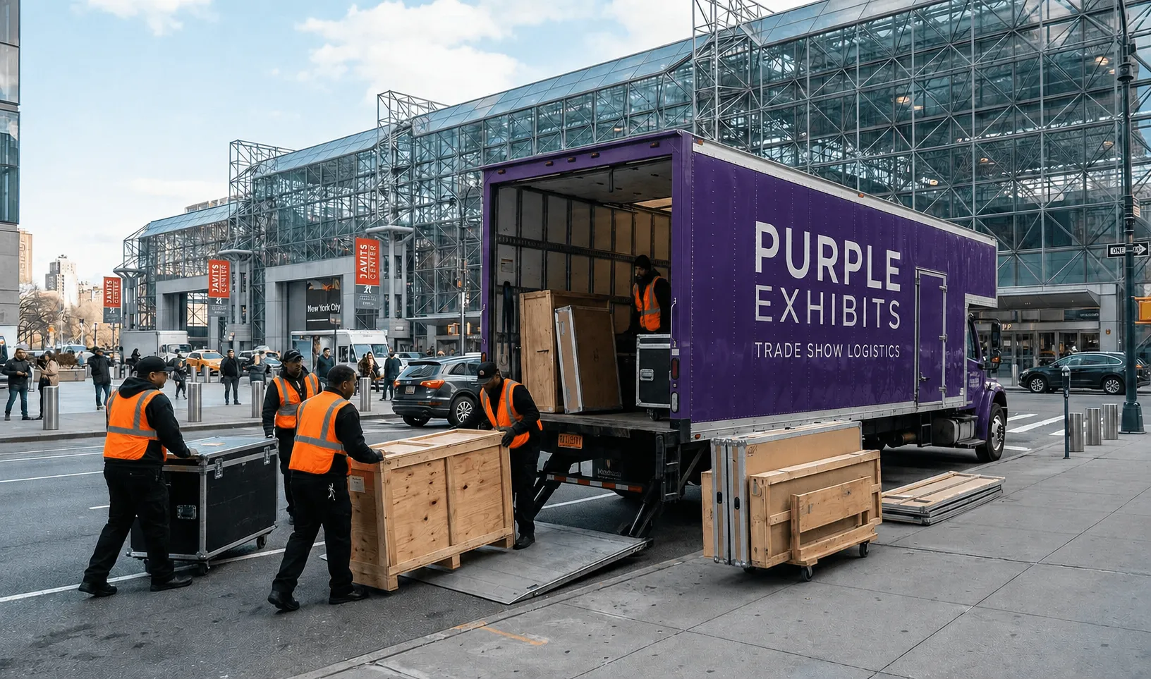 Purple Exhibits logistics truck unloading trade show crates outside the Javits Center in New York