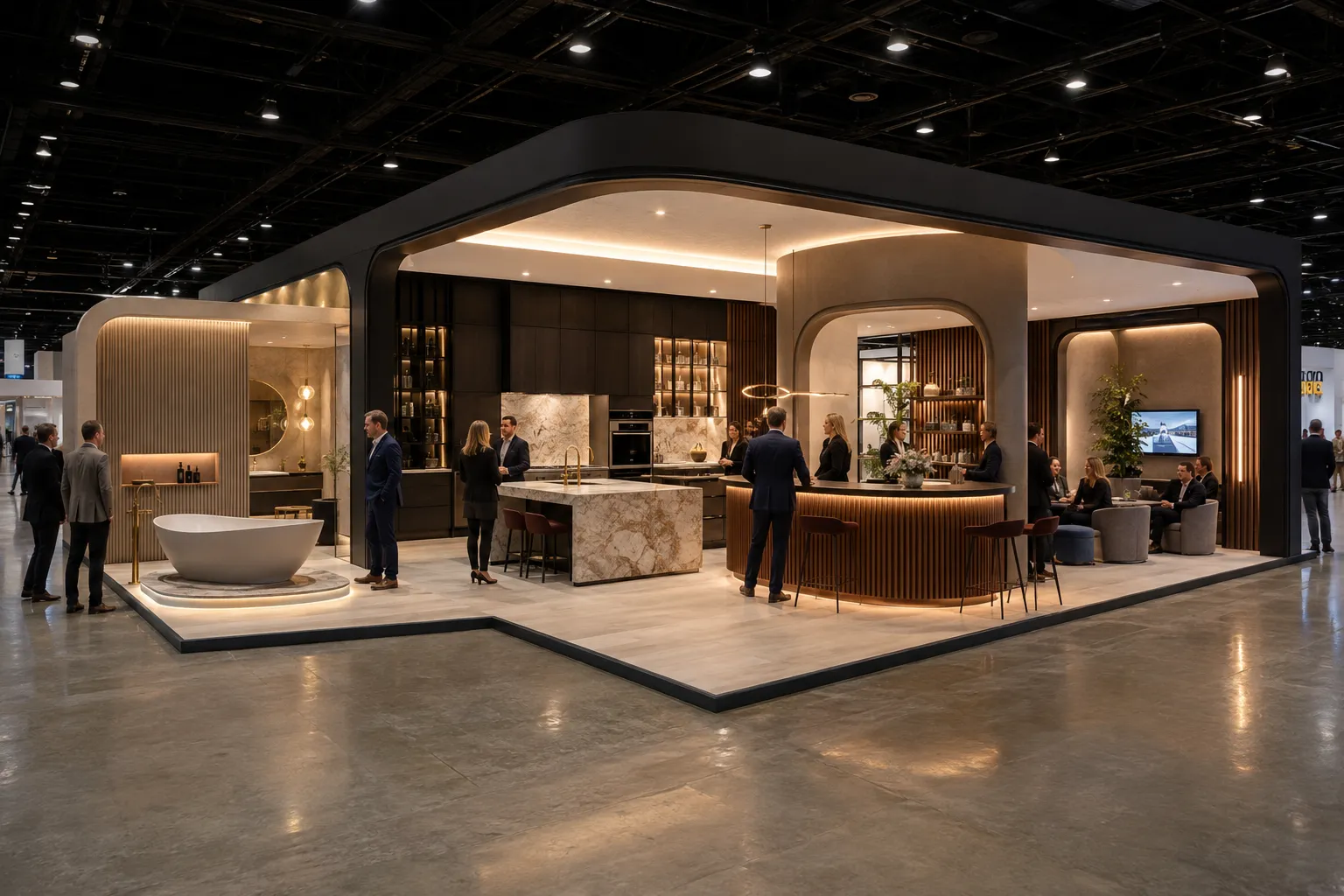 Luxury KBIS 2027 booth rental in Las Vegas with premium cabinetry, freestanding bathtub and hospitality bar