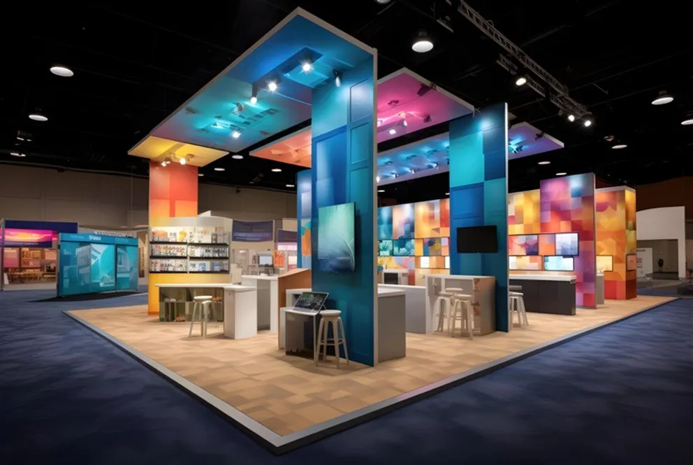Attendees using interactive technology inside a modular trade show exhibit