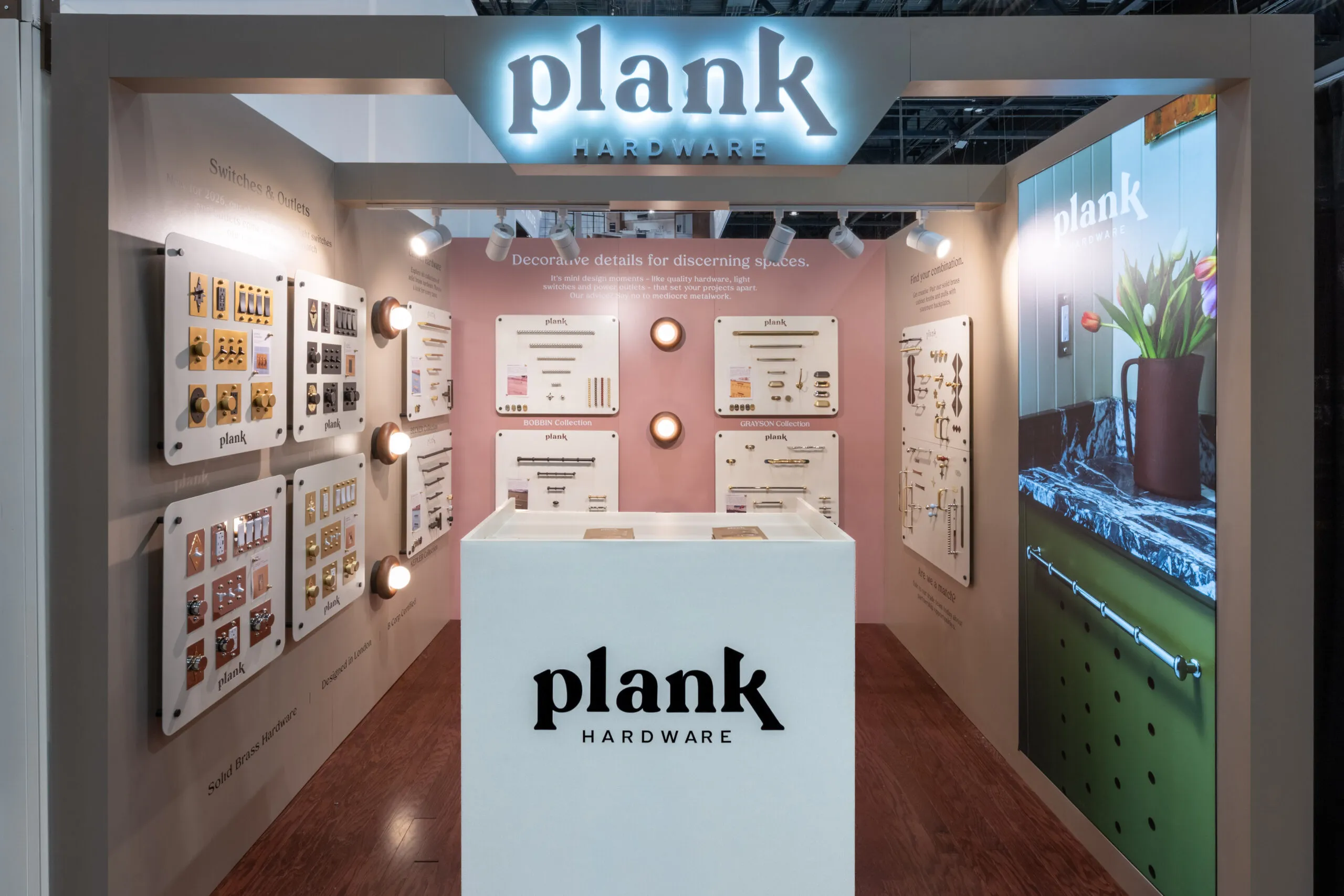 Plank Hardware exhibit presenting cabinet hardware and accessories at KBIS 2026
