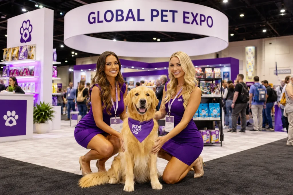 Exhibit booth with brand ambassadors and golden retrievers at Global Pet Expo