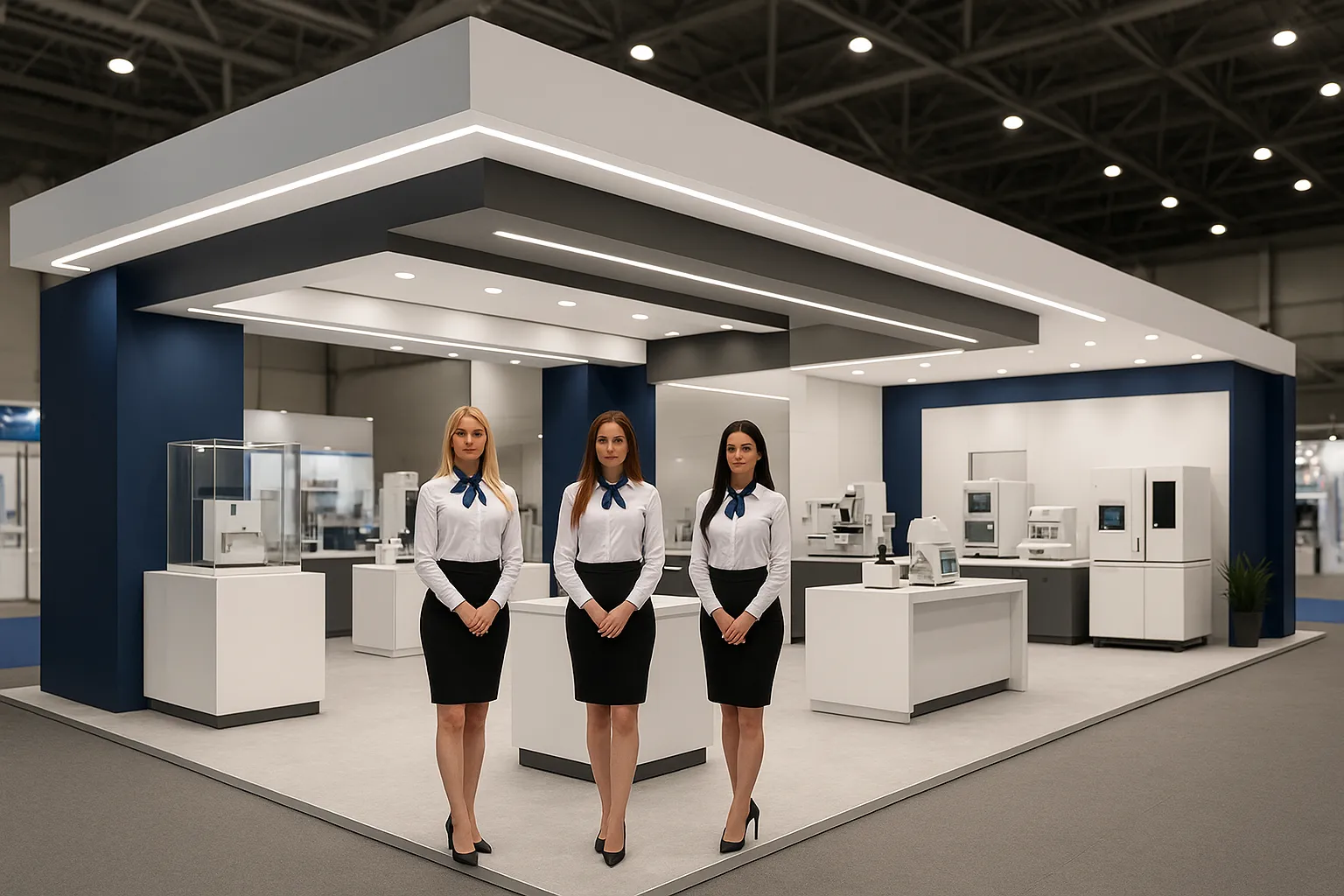 Modern illuminated exhibit booth with product displays and three professional female brand ambassadors