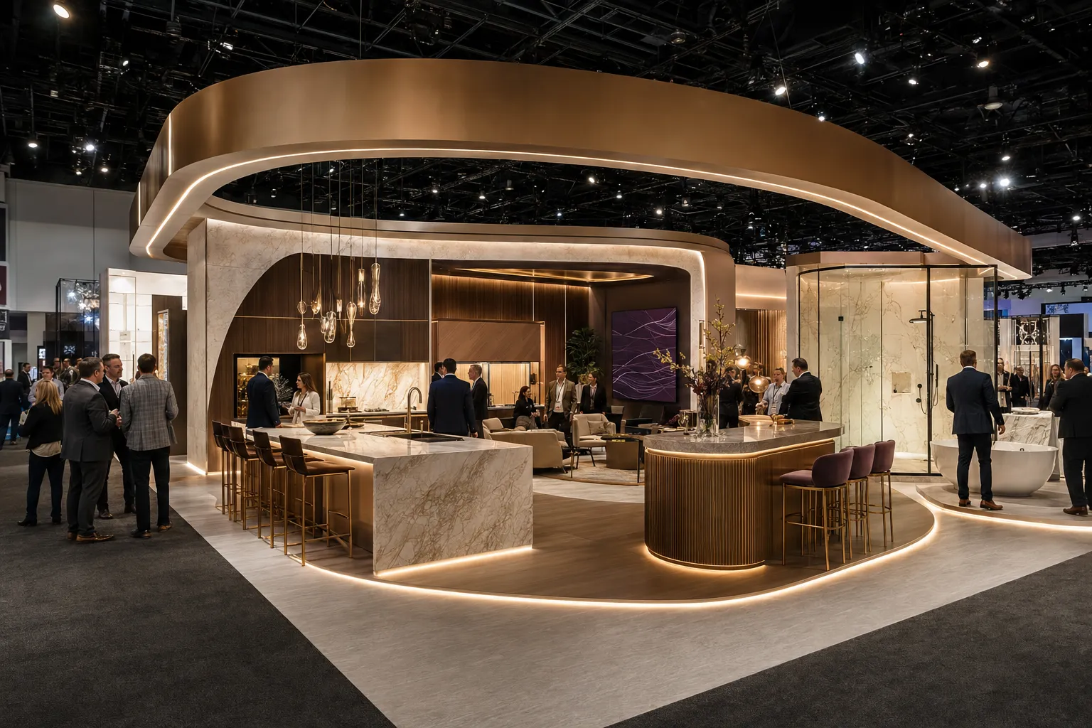 Turnkey KBIS booth rental with illuminated architecture and hospitality areas