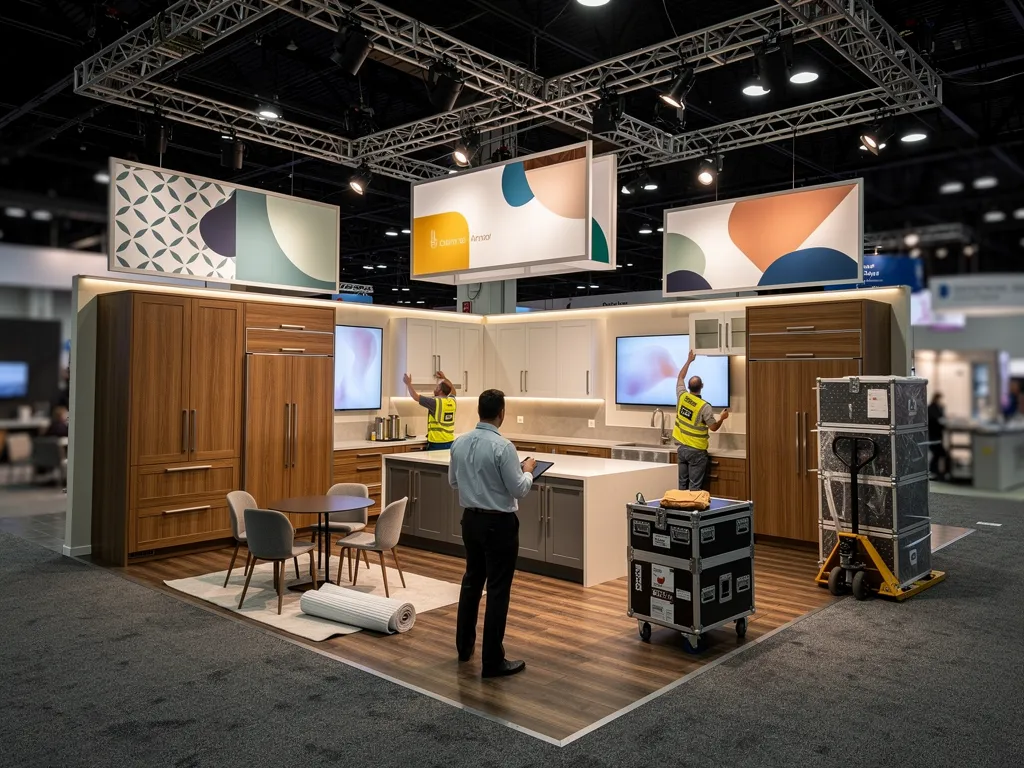Custom cabinetry displays inside a large 30x50 exhibit space