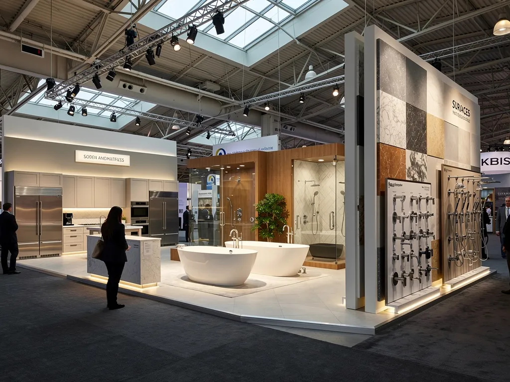 Cabinetry, appliances and plumbing fixtures staged in separate booth zones