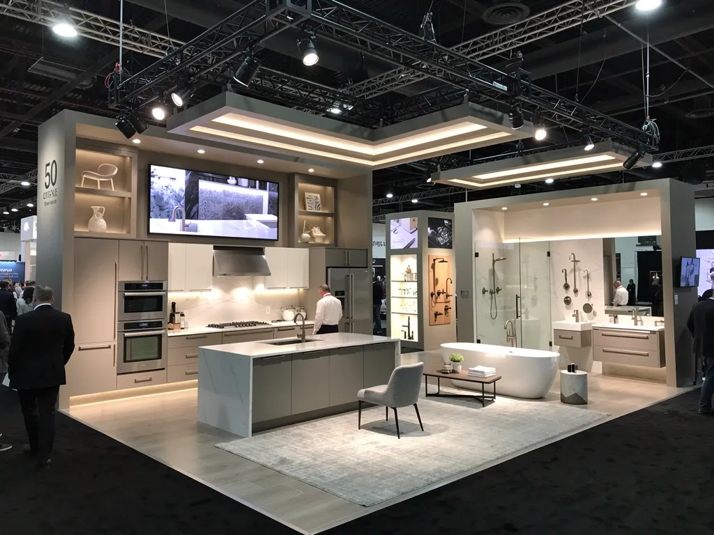 Immersive multi-room kitchen and bath exhibit spanning 50x50 feet