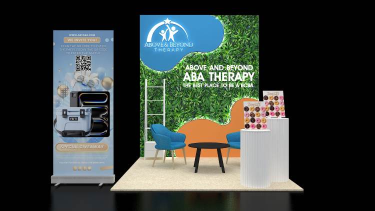 Design rendering of an Above and Beyond Therapy 10x10 inline trade show booth with a green living wall and lounge seating