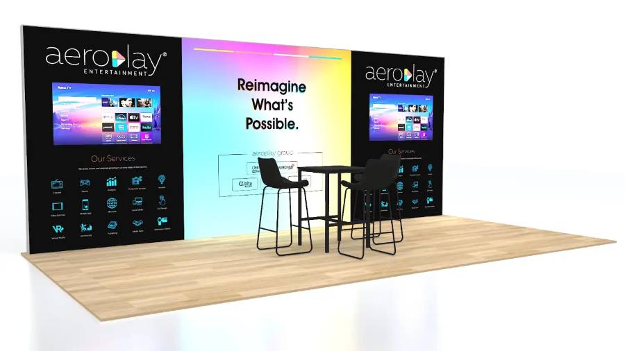 Aeroplay Entertainment 10x20 inline trade show booth with a gradient branded backdrop