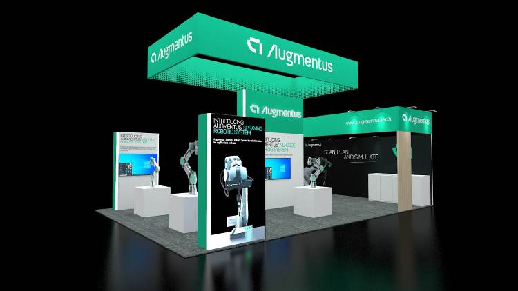Design rendering of an Augmentus 20x40 island trade show booth with robotic arm displays