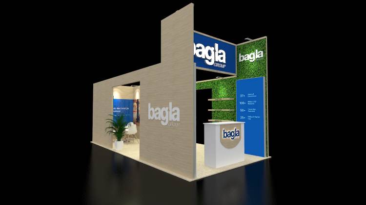 Design rendering of a Bagla Group 20x20 island trade show booth with wood paneling and a green moss wall