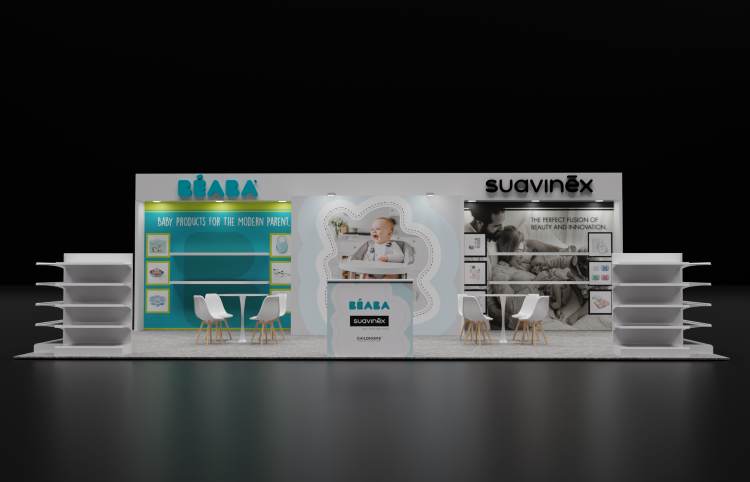 Design rendering of a Beaba USA 10x30 trade show booth in teal and white