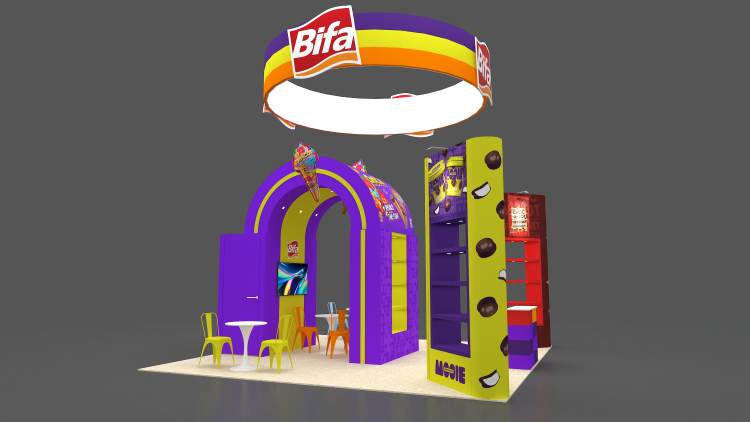 Design rendering of a Bifa 20x20 island trade show booth with a purple archway and candy shelving