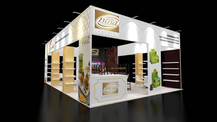 Design rendering of a Bind Chocolate 40x40 island trade show exhibit in gold and white