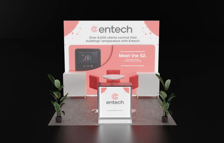 Design rendering of an Entech 10x10 island trade show booth in coral with plant accents