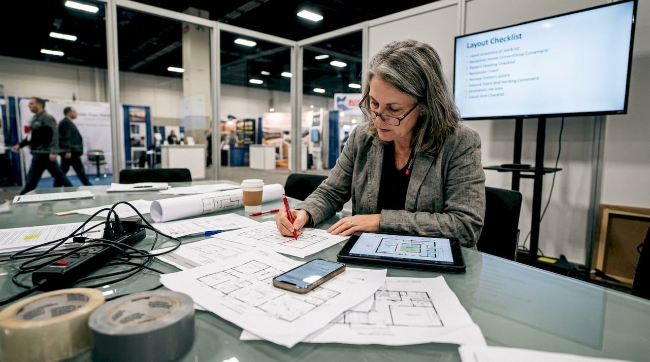 A project manager marking up printed booth floor plans at a show-site table beside a tablet, phone and a layout checklist on a monitor
