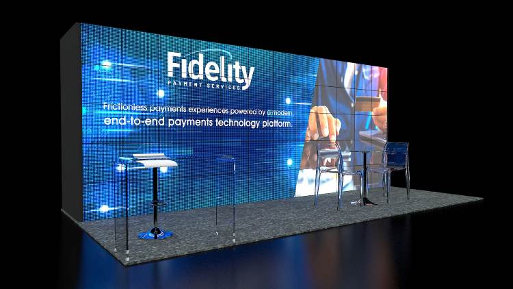 Design rendering of a Fidelity 10x20 inline trade show booth with an electric blue LED wall