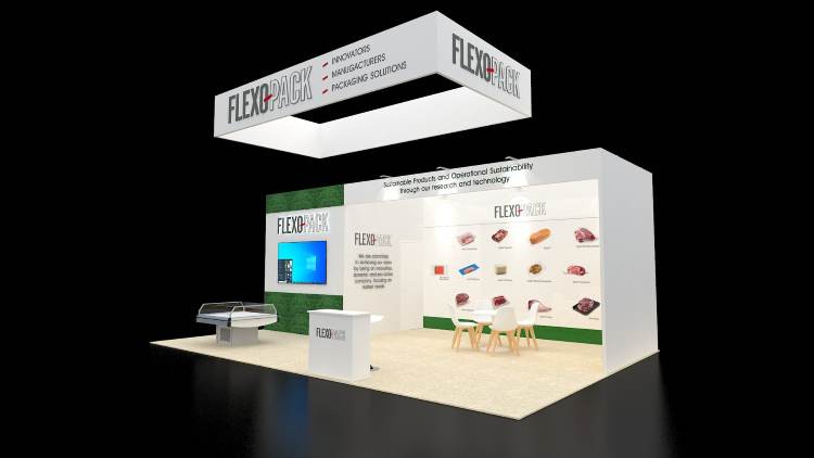Design rendering of a Flexopack 20x30 island trade show booth with a food product wall