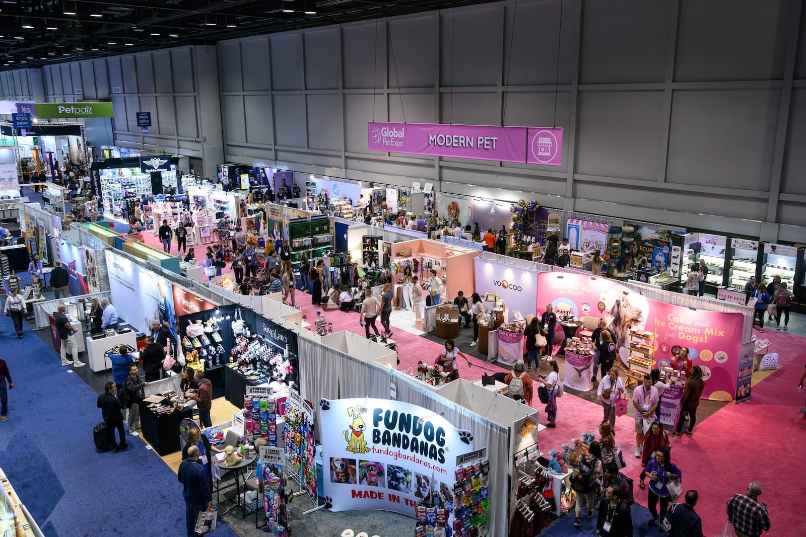 Overhead view of exhibit booths in the Modern Pet section of the Global Pet Expo show floor