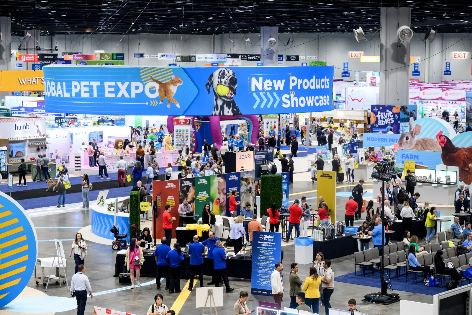 Aerial view of the Global Pet Expo show floor at the Orange County Convention Center with the New Products Showcase hanging sign