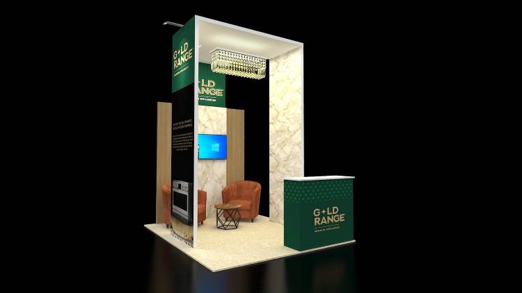 Design rendering of a Gold Range 10x10 trade show booth with a marble tower and chandelier