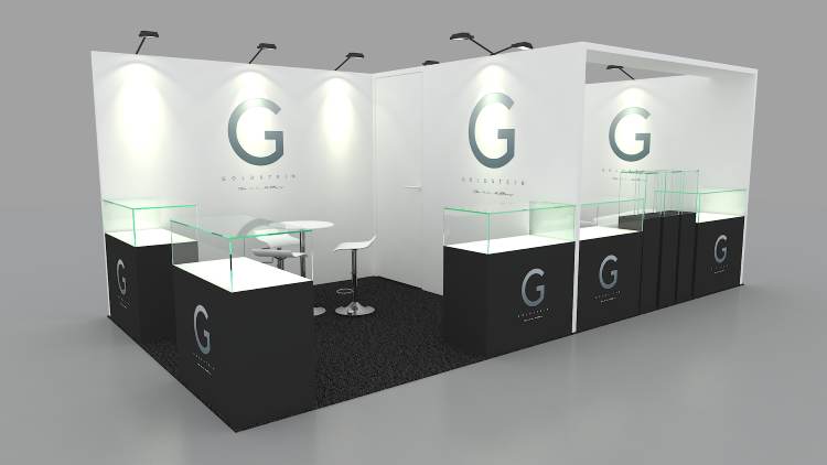 Design rendering of a Goldstein Diamonds 20x20 island trade show booth with black pedestals and glass cases