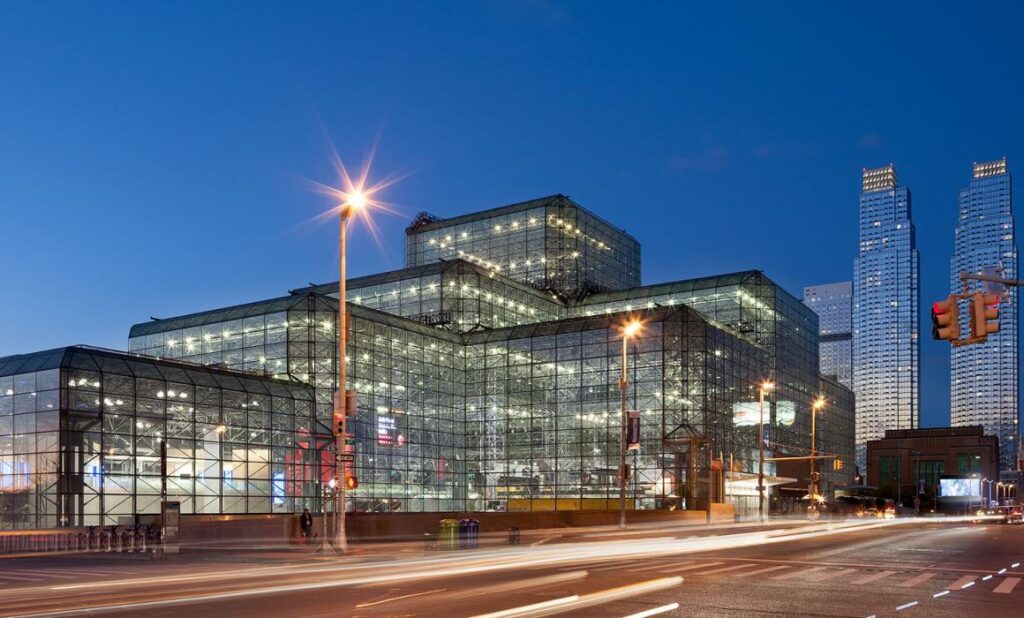 Jacob K. Javits Convention Center illuminated at night in New York City
