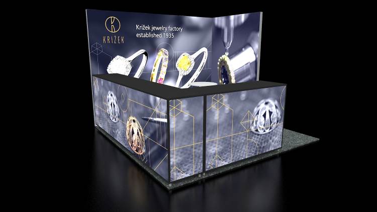 Design rendering of a Krizek 10x10 trade show booth with gold accents and glass jewelry display cases