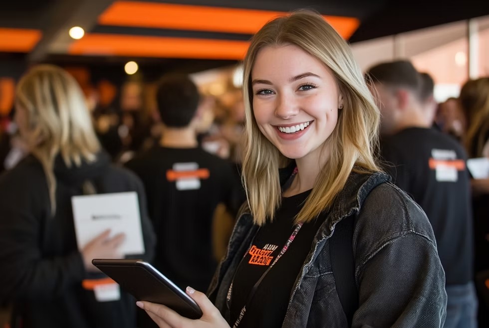 Exhibit staff coordinating on a Las Vegas show floor during event preparation