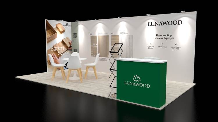 Design rendering of a Lunawood 10x20 trade show booth with warm wood tones