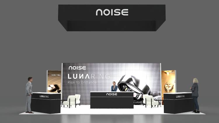 Design rendering of a Noise Luna Ring 10x30 trade show booth in black and gold