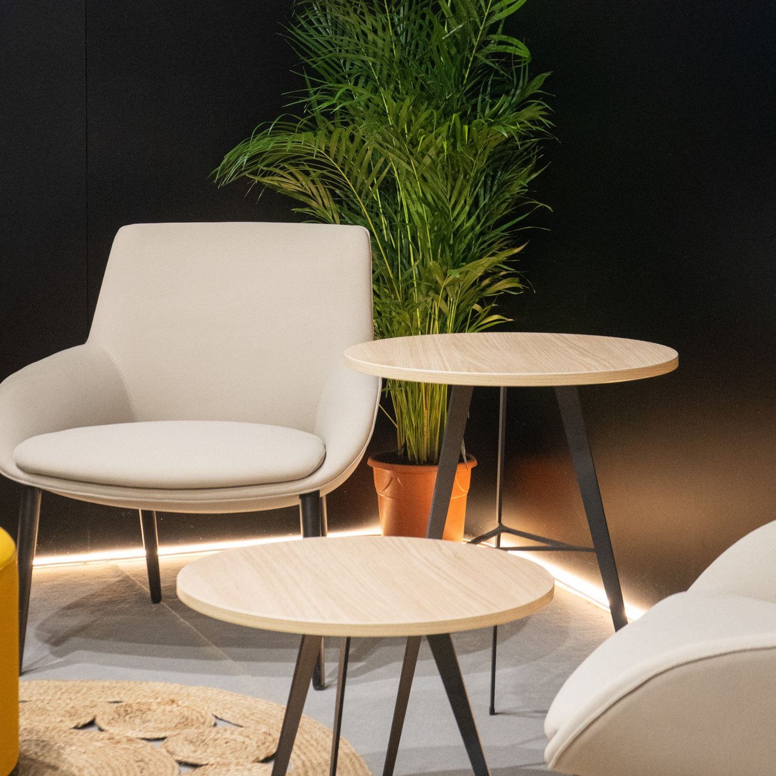 Lounge chair, wood tables and a palm in a trade show booth