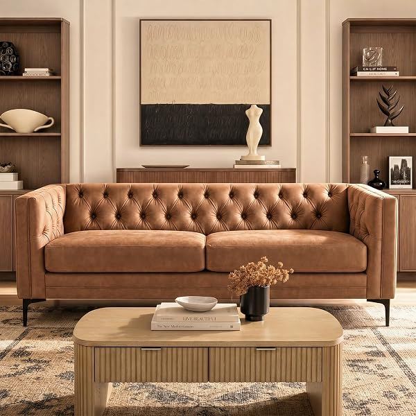 Tufted Leather Sofa, Camel
