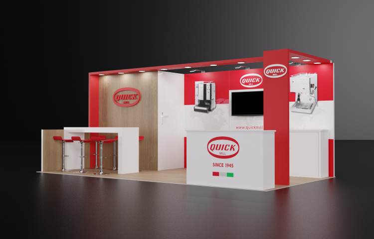 Design rendering of a Quick Mill 10x20 trade show booth in red with an Italian flag accent