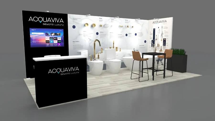 Design rendering of an Acquaviva 10x20 inline booth with a marble back wall, gold fixtures and a freestanding tub