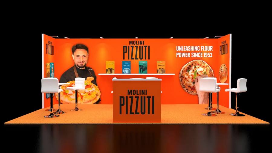 Design rendering of a Molini Pizzuti 10x20 inline booth with orange graphics, chef portrait and product shelving