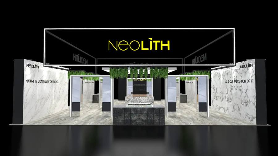 Design rendering of a Neolith 40x40 island exhibit with backlit stone panels, hanging greenery and a stone center console
