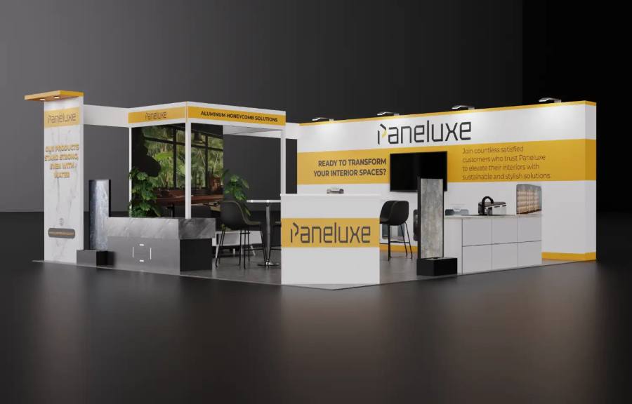 Design rendering of a Paneluxe 20x20 island exhibit with backlit gold and white showroom walls and a marble island