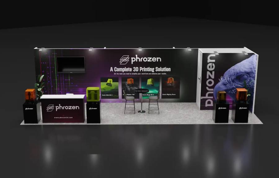 Design rendering of a Phrozen 10x30 inline booth with a backlit product wall, TV and seating