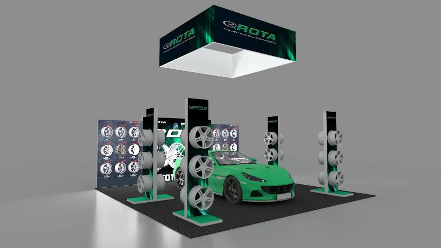 Design rendering of a Rota Wheels 20x20 island exhibit with illuminated wheel display towers and a sports car