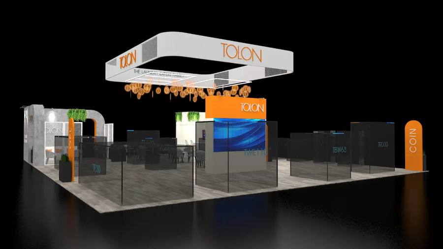 Design rendering of a Tolon 40x40 island exhibit with a hanging orange sculpture and glass-walled product pods